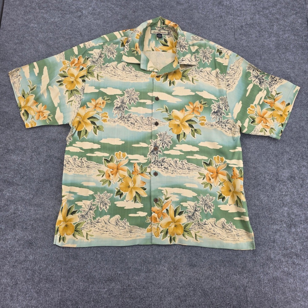 Tommy Bahama Mens XL Silk Tropical Floral Surf Hawaiian Camp Shirt Green Blue